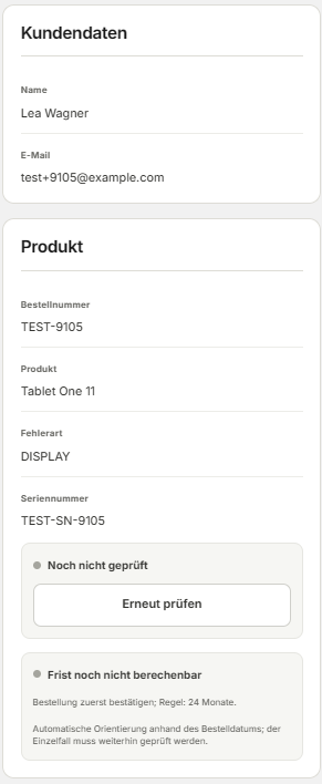 Cirk-Falldetails mit Kundendaten, Produkt, Bestellnummer, Fehlerart, Seriennummer und Prüfstatus.
