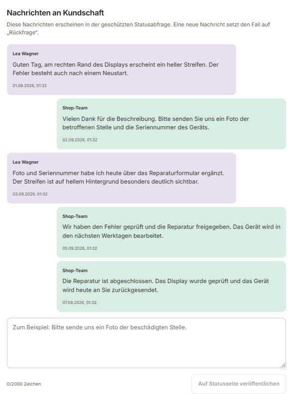 Nachrichtenverlauf eines Cirk-Reparaturfalls zwischen Kundin und Shop-Team.